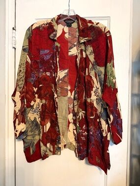 100% Silk Citron Santa Monica 3/4 Sleeve Watercolor Print Top